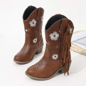 Floral Western Knee High Boots Girls Premium Quality Slip-on Fringe Cowboy Booties Kids Autumn Heeled Point Toe Botas para niños