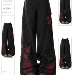 Women's Baggy Butterfly Jeans Vintage 90s Aesthetic Cowboy Pants Harajuku Oversize Denim Trousers Y2k 2000s Black Gothic Clothes