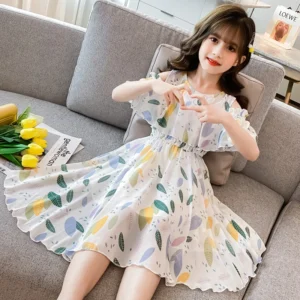 2024 teens Summer baby Girls Dress Clothes mesh leaf Bohemian Floral Off Shoulder chiffon Long Beach 3 4 5 6 7 8 9 10 12 years