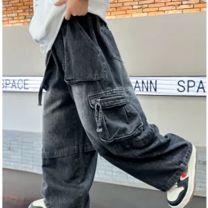 2025 Spring and Summer New Children Jeans Retro Zipper Boys and Girls Fashionable Casual Handsome Full Length Kids Simple Jeans