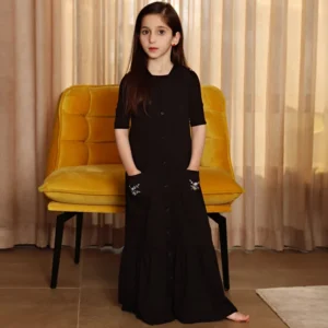 Girls maxi dress black ribbed summer children's dress embroidery flowers bottom layers girls clothes sleeveless size 3-16 years