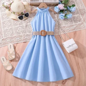 Elegant Summer Princess Dress for Teen Girls with Halter Neck and Off-Shoulder Children Sleeveless Casual Clothes with Belt