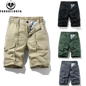 2025 Men Summer Solid Cotton Outdoor Cargo Leisure Shorts Men Drawstring Buttons Straight Loose Fashion Brand Short Male Pants