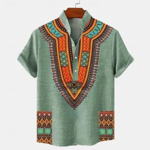 Men's Tops Pullover Linen Men's Tribal Totem Short Sleeve Shirt Half Cardigan Button Stand Collar New Shirt Linen Men's Tops
