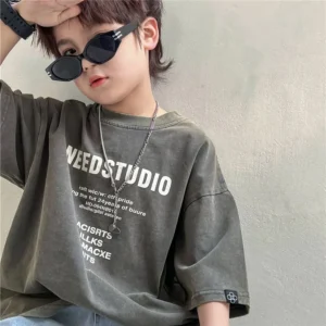 2025 Summer Pure Cotton Children's Short Sleeved Simple Trendy Letters Faded and Worn Half Sleeved T-shirts Boys Girls Stylish