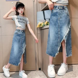 5 6 7 8 9 10 11 12 13 Year Teen Girls Denim Skirt New Fashion Korean Version Split Long Skirt Children Clothing Birthday Present