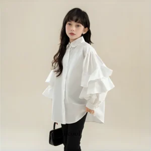 White Shirt for Girls Autumn 2024 Long Sleeve Ruffles Design Teens School Kids Blouse Fashion 10 12 13 14 Years Children Clothes