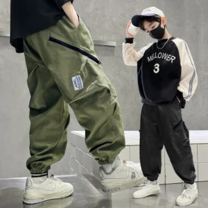 Autumn Boys Cotton Pants Fashion Pocket Decoration Handsome Trousers Kid Teenage Spring Outdoor Sport Casual Pant For 4-14 Years