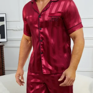 Men's Pajamas Set Summer Sleepwear Set Luxurious Satin Pajamas with Soft Comfortable Short Sleeve Button-Up Top & Shorts