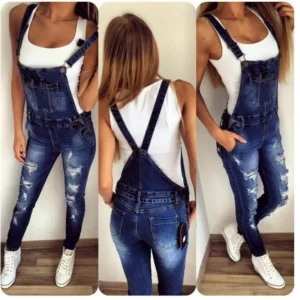 Ripped Jeans Denim Ankle Length Pencil Pants Women Overalls Distressed Washed Pockets Vintage High Street Spliced Hole