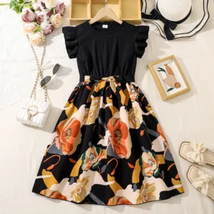 Girls Dress Black Knitted Belted Patchwork Printed Dress Vintage Style Trendy Tween Girls Dress Daily Outgoing Baptism Clothes