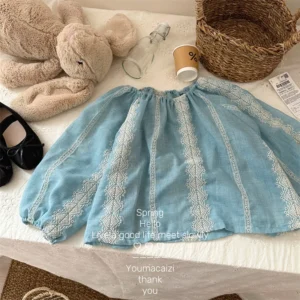 Spring Summer Girls floral embroidery blouses 2024 children cotton loose O-Neck shirt Tops