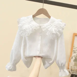 Autumn Children Clothes Girls Ruffles Lace Blouse White Long Sleeve School Uniform Girl Shirt Kids Shirts 6 8 10 12 14 Years