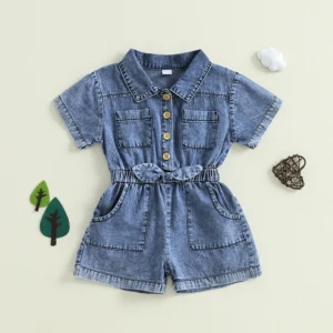 Girls Denim Overall Dress with Ruffle Sleeves and Adjustable Straps A-Line Skirt Button Front Closure Elastic Waistband