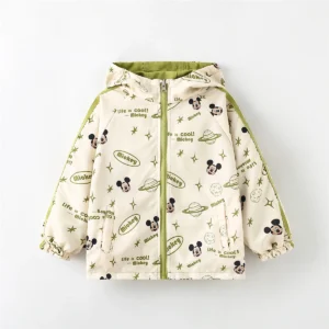 Disney Hooded Jacket Children Clothes Mikey Full Print Long Sleeve Coat Trendy Tops For Boys Girl Cartoon Kids Green Outerwear