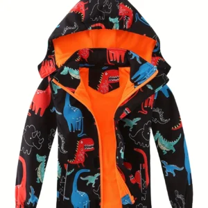 Children Dinosaur Jacket Hooded Windproof Warm Autumn Winter Cartoon Coat Fashion Windbreaker Kids Outerwear