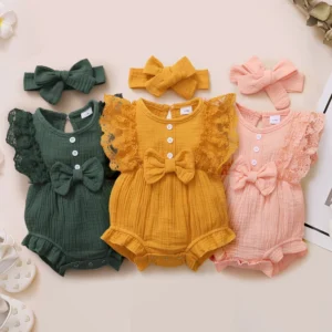 0-18 Months Old Newborn Solid Color Sleeveless Round Neck Lace Edge Bow Romper+Headband Baby Girl Summer New Casual Jumpsuit