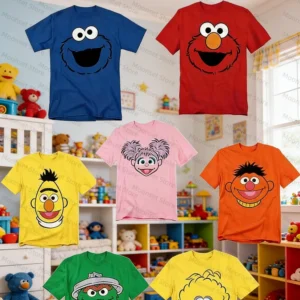 Sesame Street Toddler Boy Girl 4 Pack T-Shirts Elmo Oscar Big Bird Cookie Monster Cute Cartoon Character Soft Stretchy Fabric