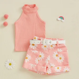 Adorable Baby Girl Sleeveless Ruffle Top Floral Print Ruffle Shorts Set for Summer Beach Outings and Playdates