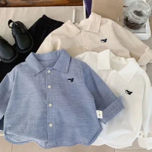 2-7Y Kids Shirts Small Fish Embroidery Stripe Boy Cardigan Cotton Turn-down Collar Children's Clothing Long Sleeve Shirt Blouses