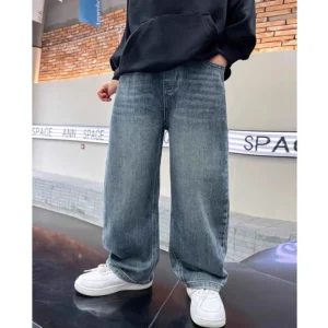 5-14Y Boys Jeans Pants Spring Kids Wide Leg Straight Trousers Autumn Loose-Fit Casual Trousers Children's Trendy Sweatpants